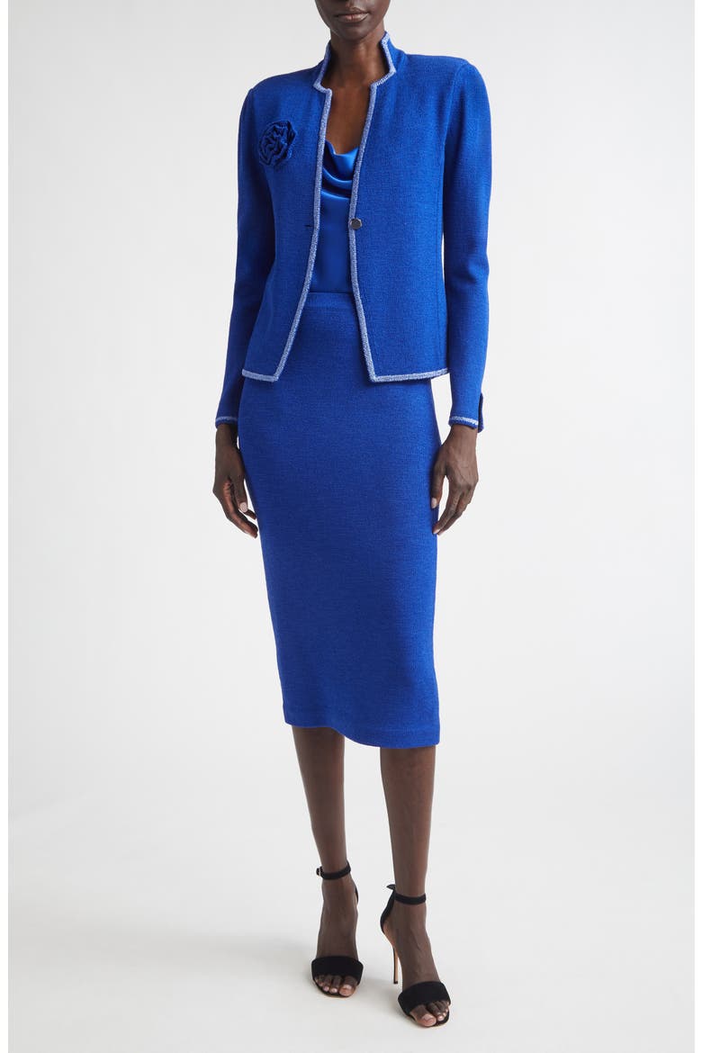 Betsey Rosette Embellished Legacy Crepe Knit Jacket, Alternate, color, COBALT/ SOFT BLUE MULTI