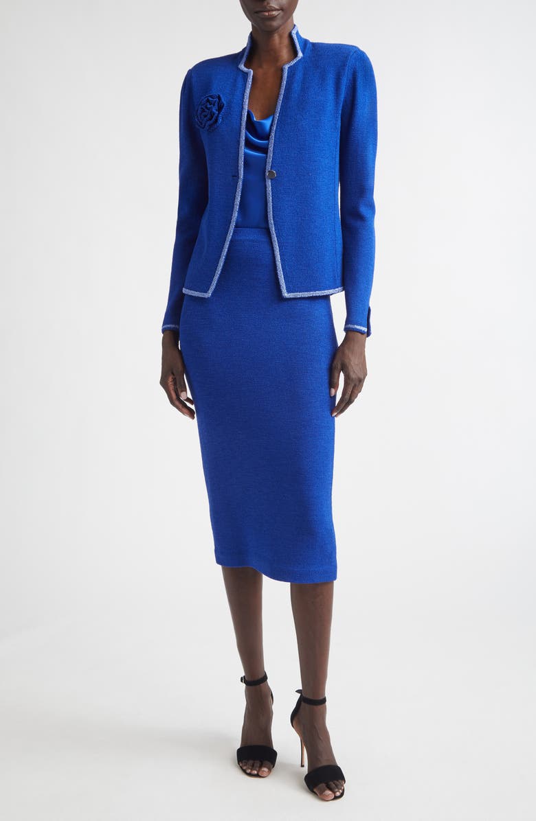 ST. JOHN Betsey Rosette Embellished Legacy Crepe Knit Jacket, Alternate, color, Cobalt/ Soft Blue Multi