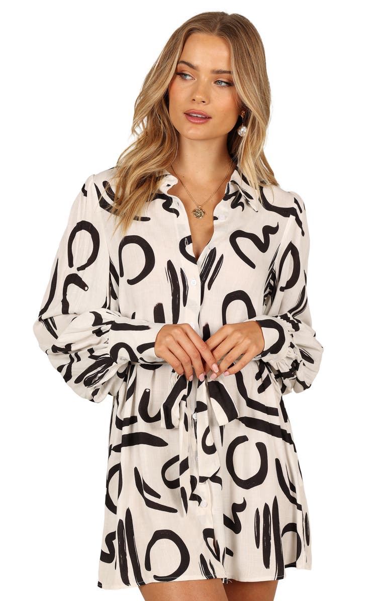 Petal & Pup Cosmo Belted Long Sleeve Linen Blend Mini Shirtdress, Alternate, color, White/ Black