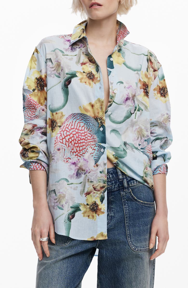 Desigual Floral Cotton Button-Up Shirt, Main, color, 