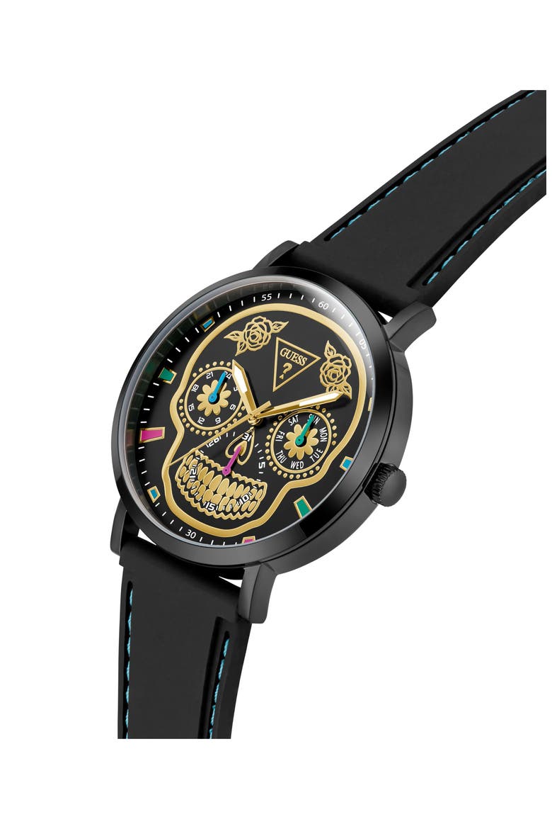 Day of the Dead Black Multifunction Silicone Strap Watch, 44mm, Alternate, color, BLACK