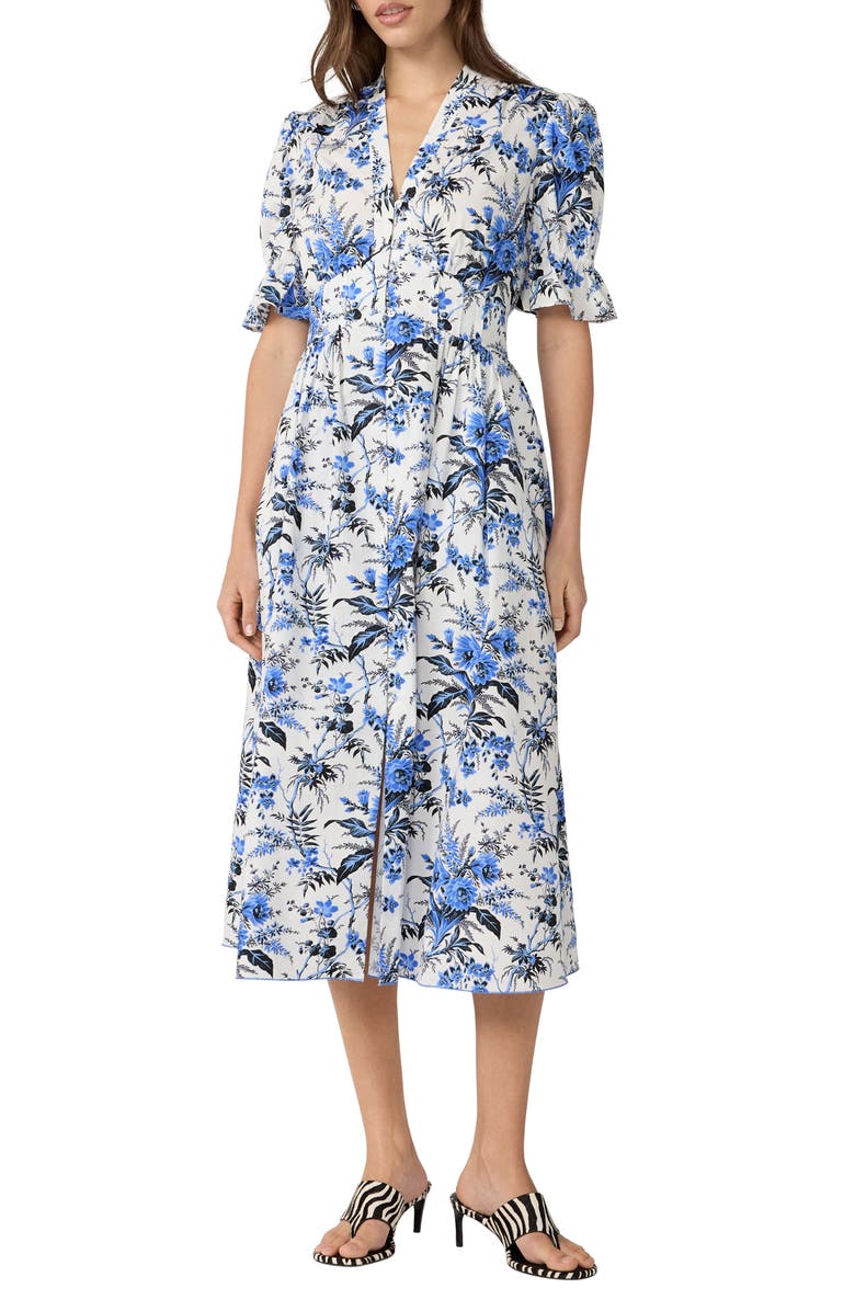 DVF Erica Floral Button-Up Midi Dress, Main, color, Hibiscus Dot / Avalon White