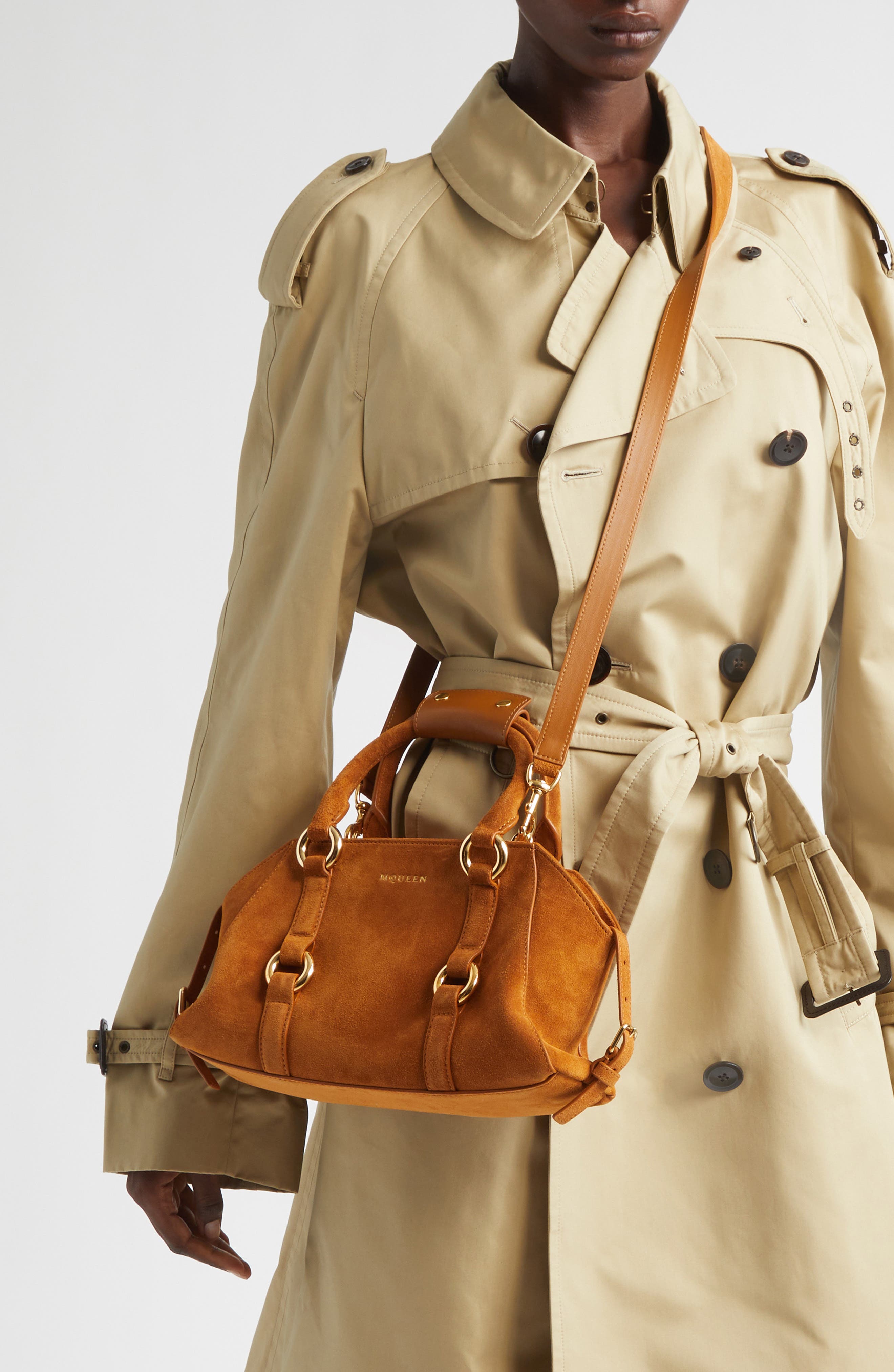 McQueen Small Farringdon Suede Satchel, Alternate, color, Tan/ Gold