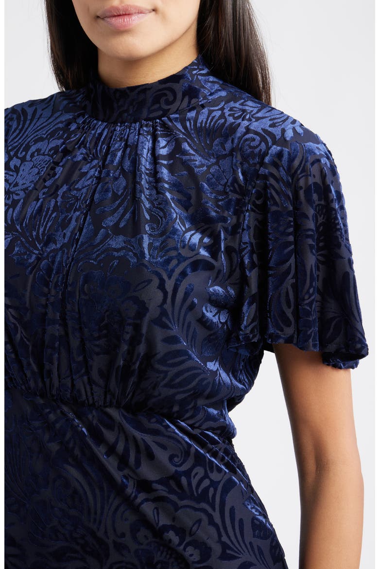Velvet Burnout Short Sleeve Midi Dress, Alternate, color, NAVY