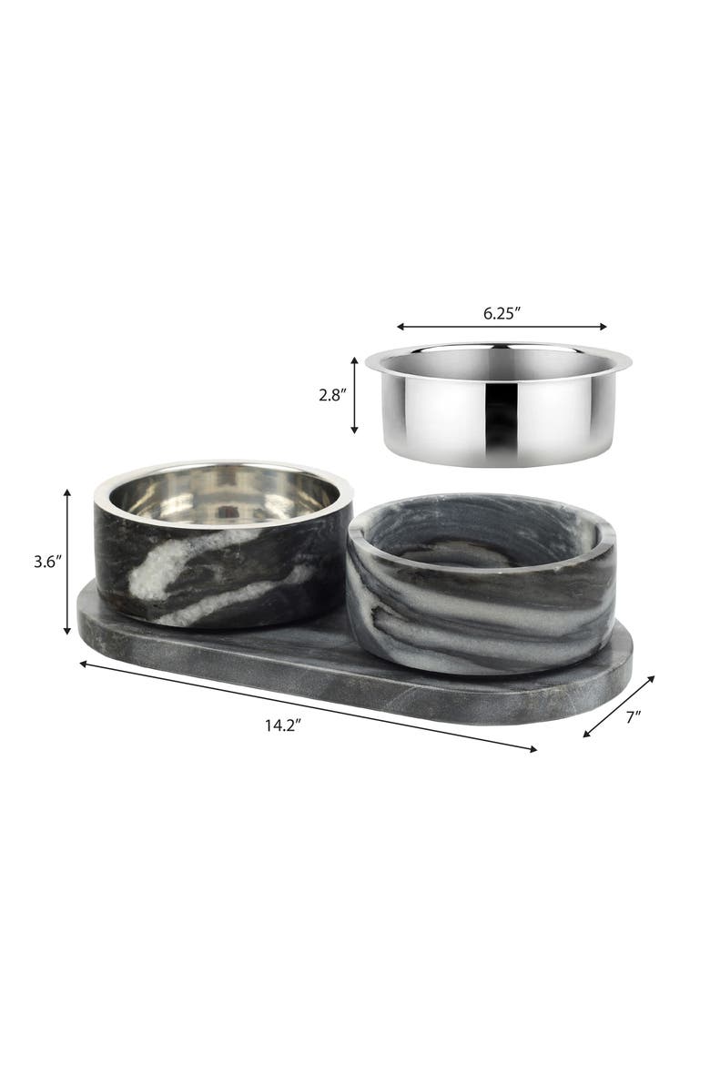 Marbre Modern Weighted Double Marble and Stainless Steel Bowl Feeder with Non-Slip Marble Tray Set, Alternate, color, Black/White