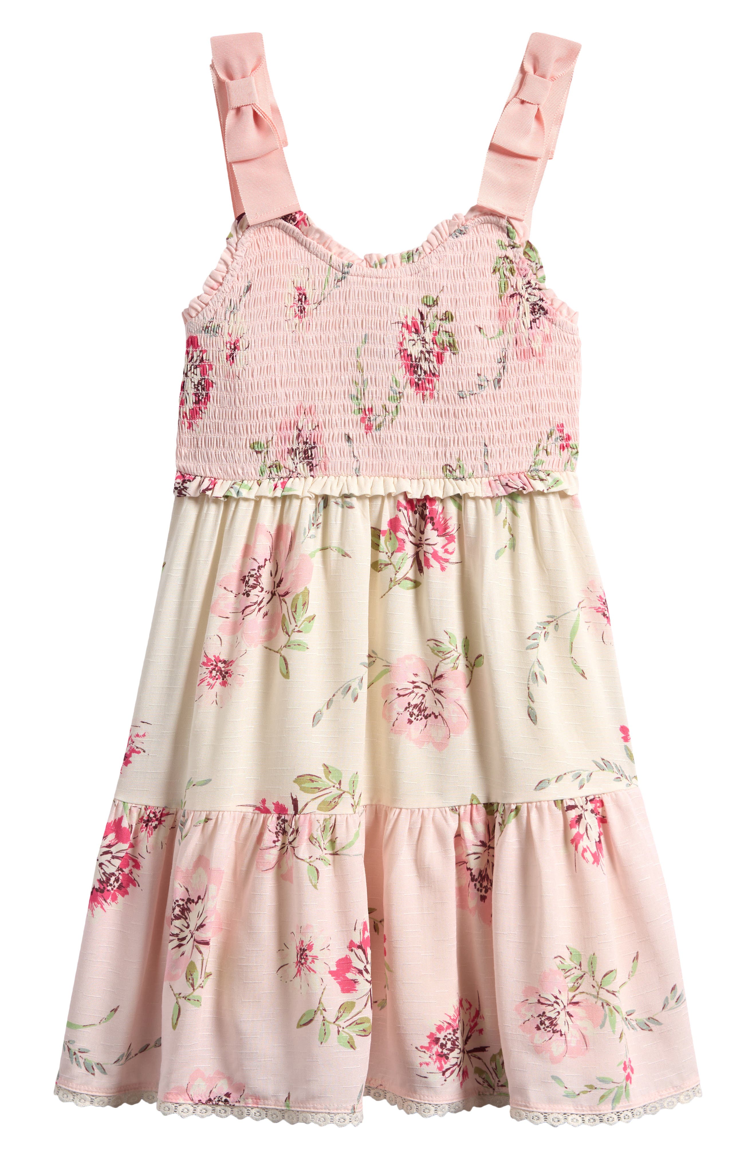 Zunie Kids' Tie Shoulder Smocked Sundress in Blush Multi 
