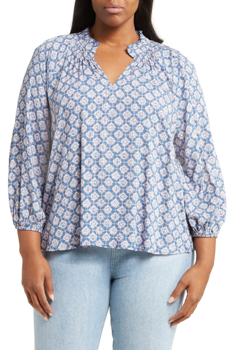Floral Print Split Neck Shirt, Main, color, BLUE ENSIGN- PINK LUNA GEO