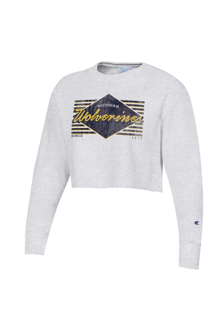 Women's Champion Heather Gray Michigan Wolverines Reverse Weave Cropped Pullover Sweatshirt, Alternate, color, Heather Gray
