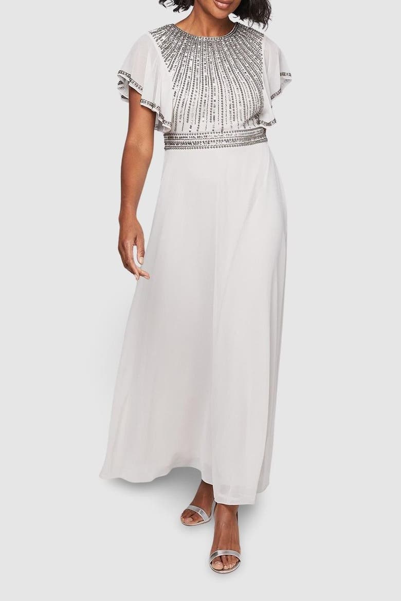 Embellished Ruffle Sleeve Maxi Dress, Alternate, color, Grey