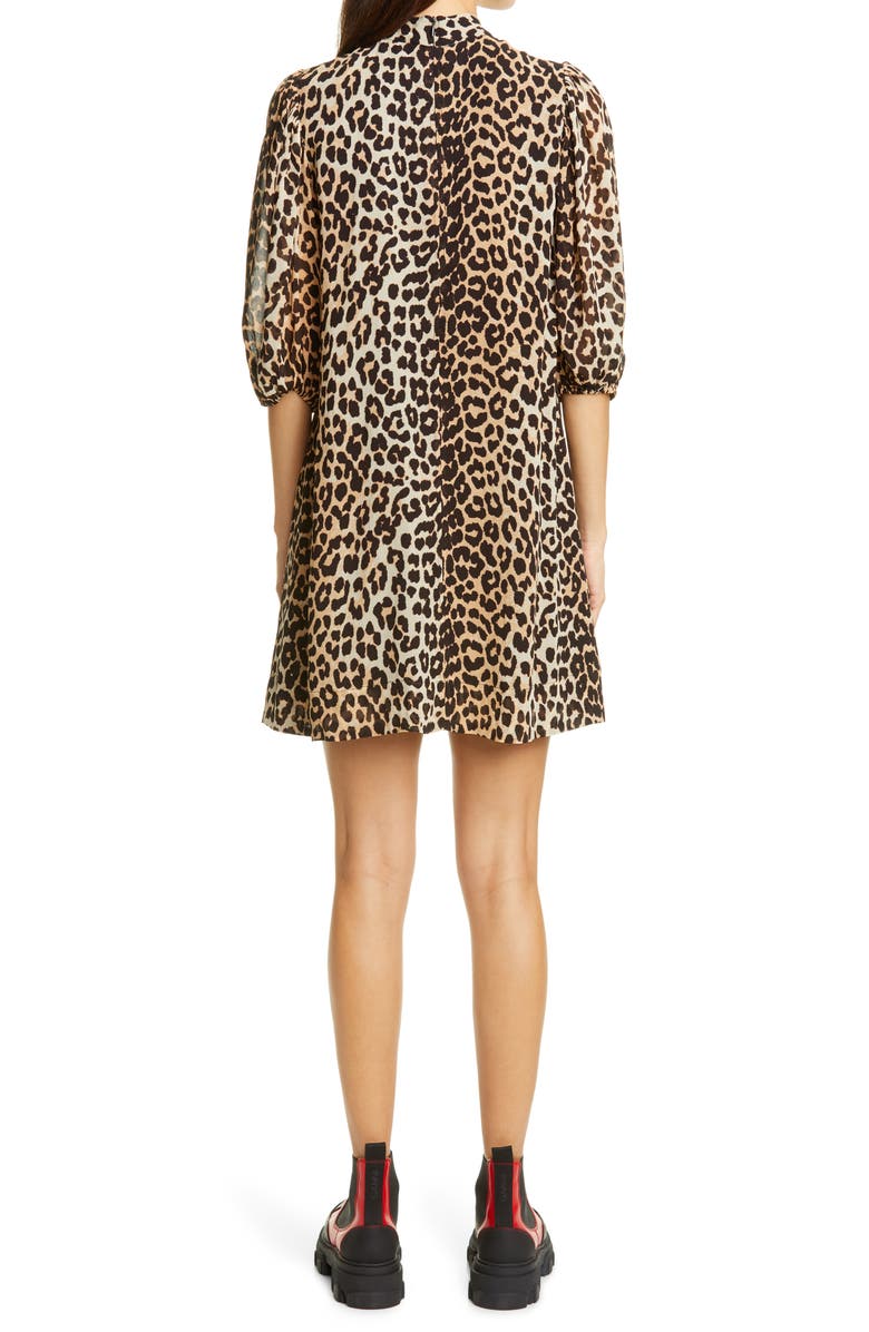 Ganni Leopard Print Puff Sleeve Georgette Minidress, Alternate, color, 
