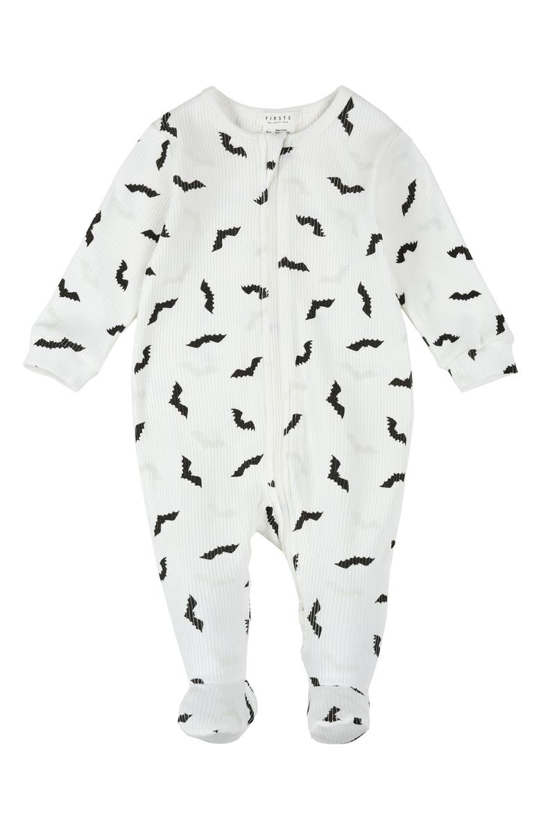 FIRSTS by Petit Lem Bat Print Rib Glow in the Dark Footie Pajamas, Main, color, Off White