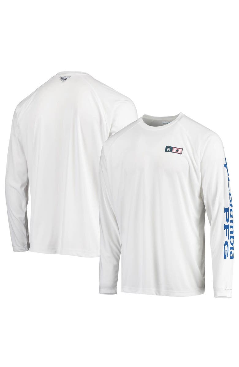 Columbia Men's Columbia White Los Angeles Dodgers Americana Terminal Tackle Omni-Shade Raglan Long Sleeve T-Shirt, Main, color, 