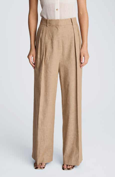 Double Pleat Wide Leg Linen Blend Pants