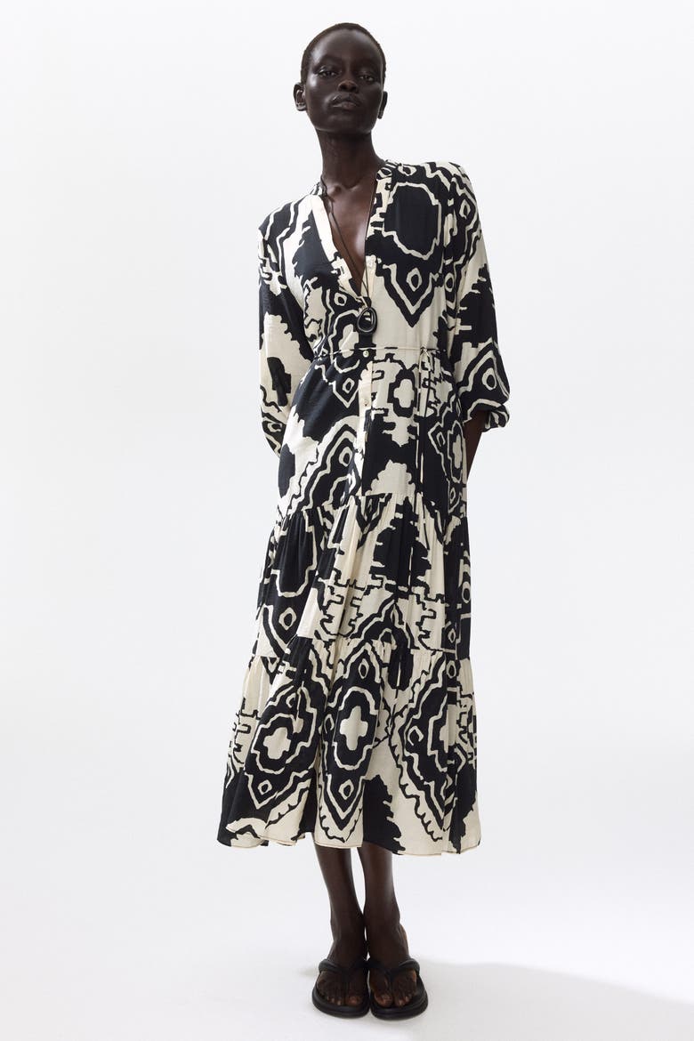 Printed Tiered Dress, Alternate, color, Black/patterned