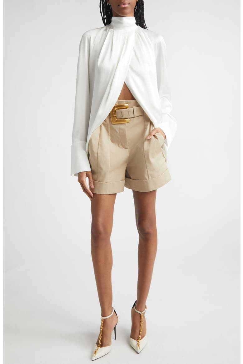 High Waist Belted Cotton Gabardine Shorts, Alternate, color, 0AN SAND