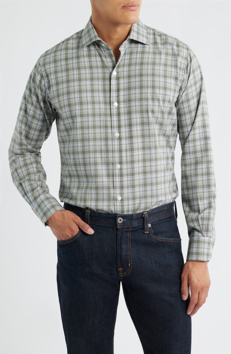 Peter Millar Whitecap Plaid Flannel Button-Up Shirt, Main, color, Basil