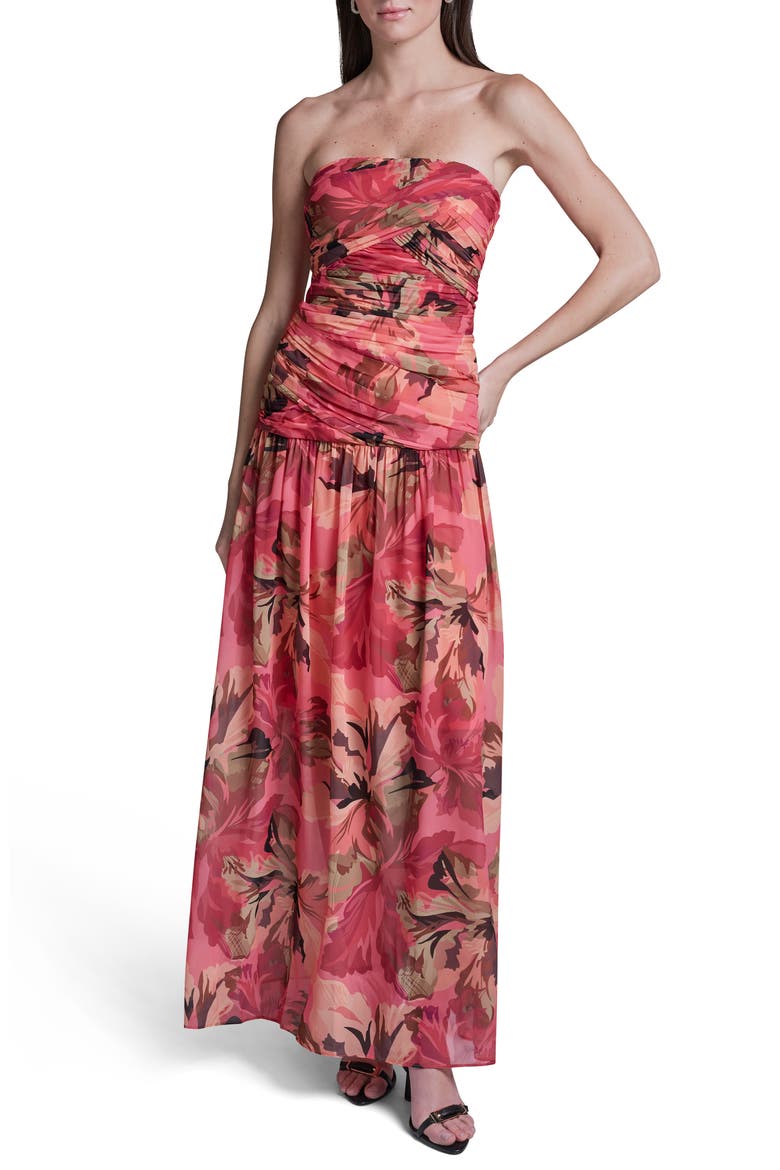 Strapless Floral Ruched Bodice Maxi Dress, Main, color, BELLINI BLUSH MULTI