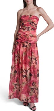 BCBG Strapless Floral Ruched Bodice Maxi Dress