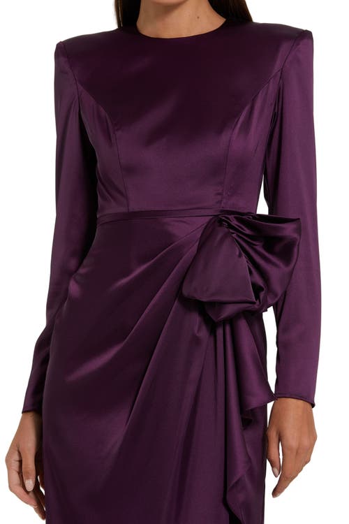 Mac Duggal Purple Long Sleeve Structured Bow Draped Column Gown In Brown