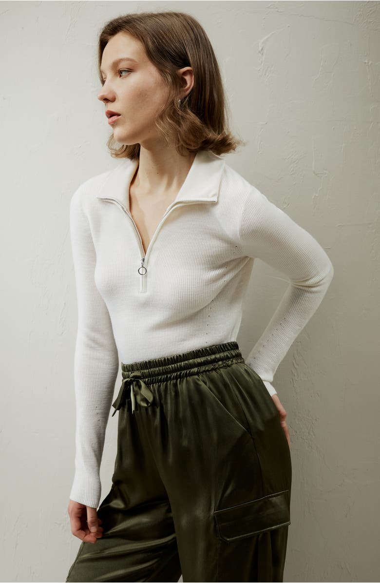 Lilysilk Women's Gaia Ribbed Half Zip Ultra-fine Wool Sweater, Alternate, color, White