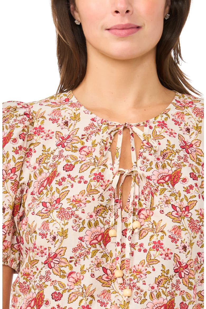 Floral Puff Sleeve Cotton Peplum Top, Alternate, color, PLUMERIA