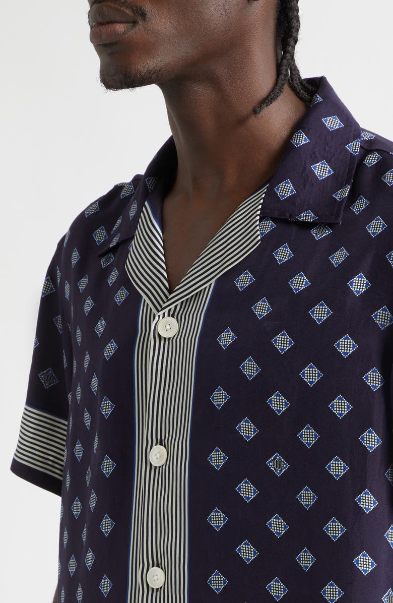 Bode Foyer Diamond Print Short Sleeve Silk Button-Up Shirt, Alternate, color, Navy Blue