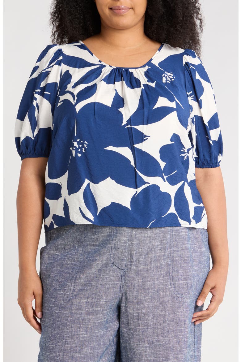 Floral Puff Sleeve Crop Top, Main, color, NAVY