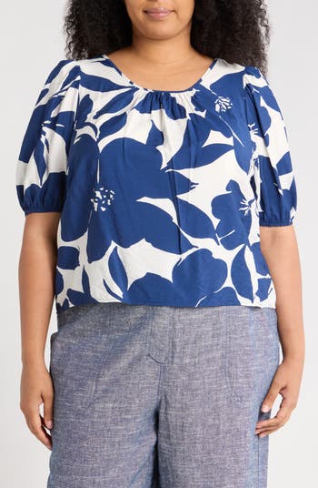 Floral Puff Sleeve Stretch Cotton Top