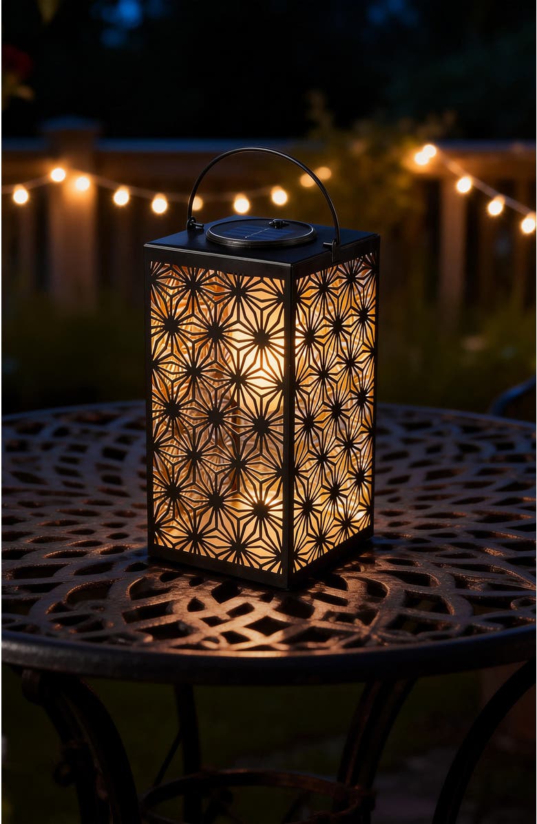 Glitzhome Metal Cutout Pattern Solar Powered Hanging Lantern with LED Light, Alternate, color, Black