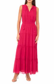 1.STATE Tie Neck Sleeveless Tiered Maxi Dress