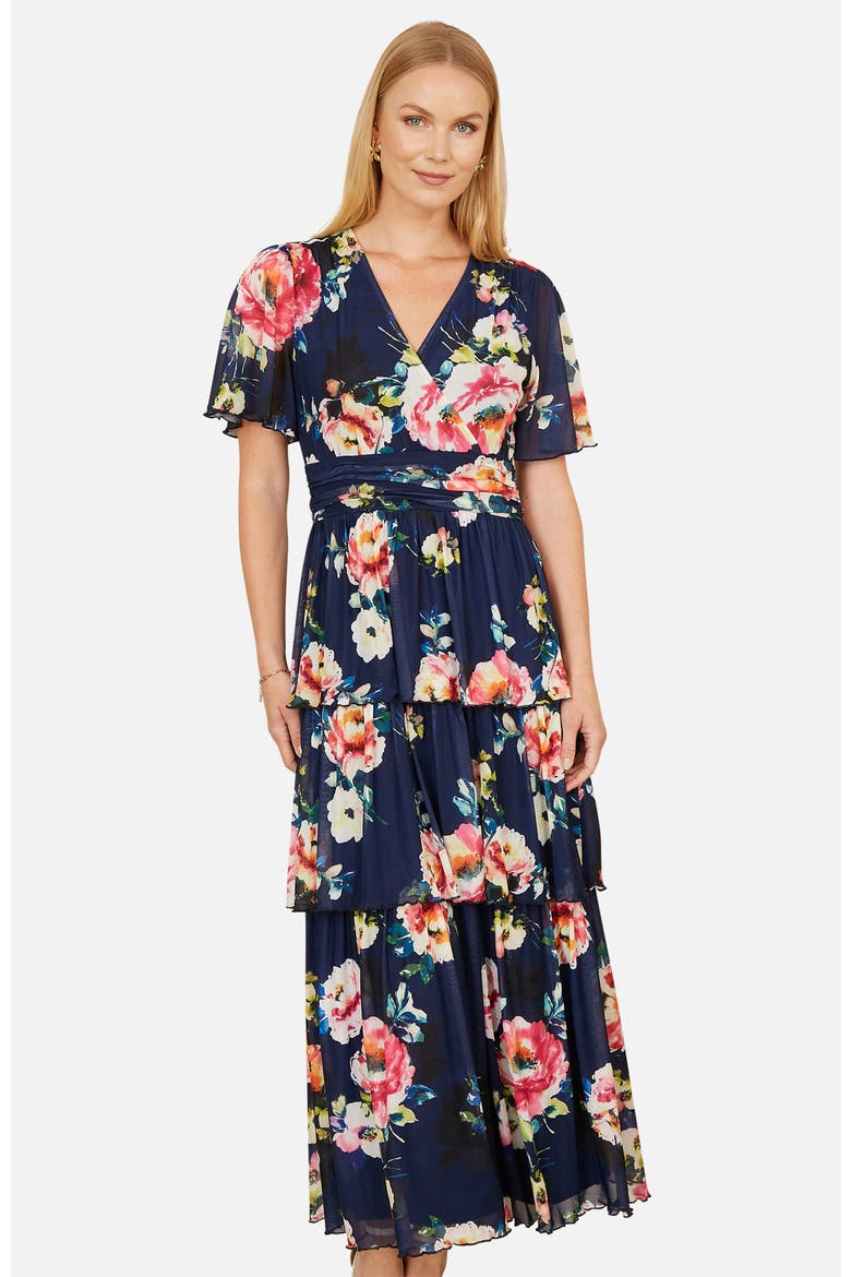 Mesh V-Neck Tiered Maxi Dress, Alternate, color, Navy