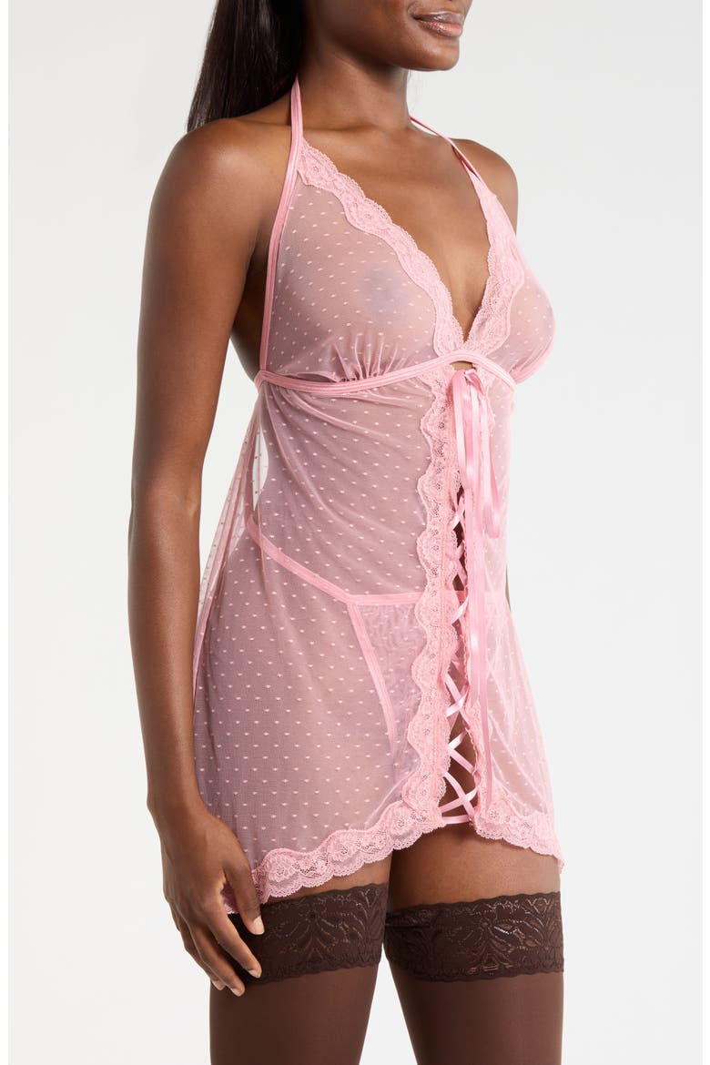 Swiss Dot Mesh Basque & G-String Set, Alternate, color, PETAL PINK