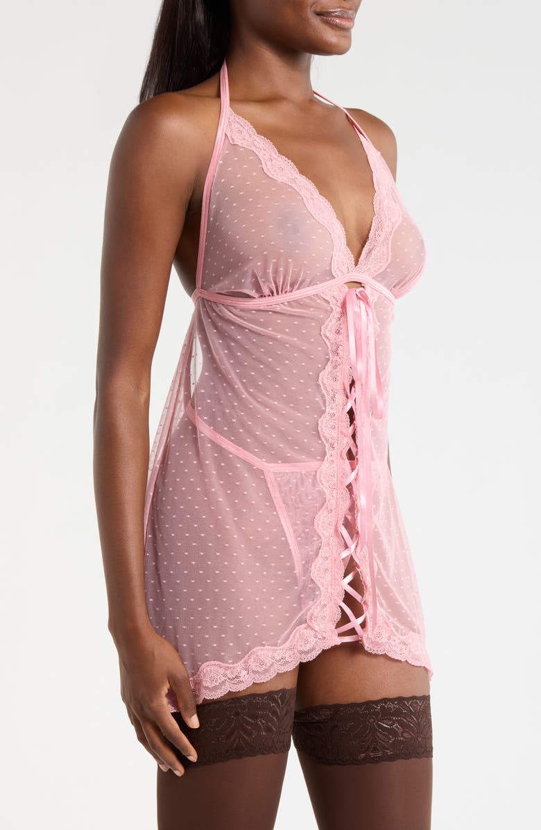 Dreamgirl Swiss Dot Mesh Basque & G-String Set, Alternate, color, Petal Pink