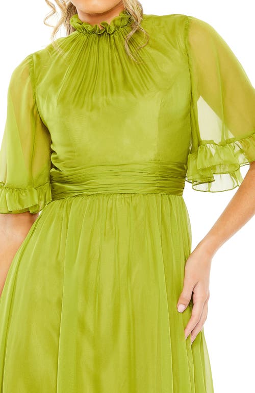 Mac Duggal Ruffle High Neck Flutter Sleeve A-line Gown In Apple Green