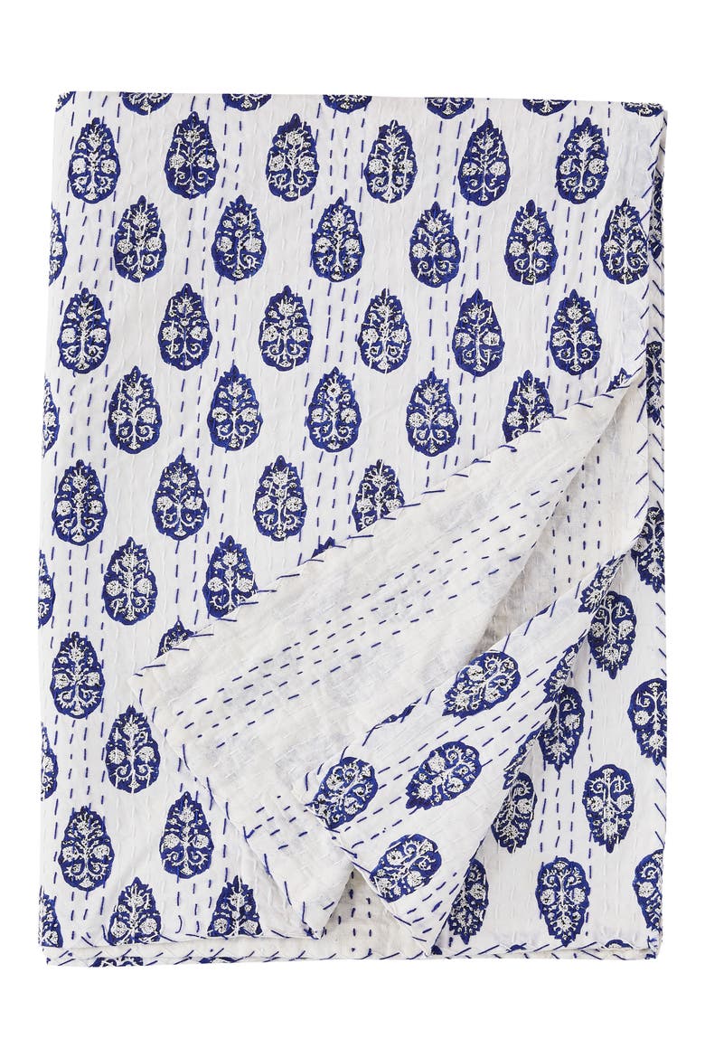 Floral Paisley Kantha Cotton Throw Blanket, Main, color, INDIGO