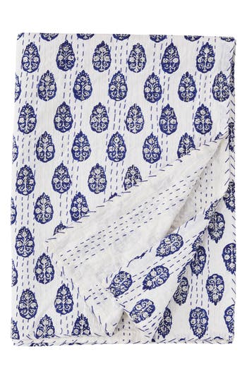 Melange Home Floral Paisley Kantha Cotton Throw Blanket In Indigo