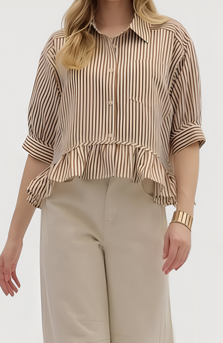 Modenaire Striped Button Front Blouse with 3/4 Sleeves and Ruffle Hem, Alternate, color,
