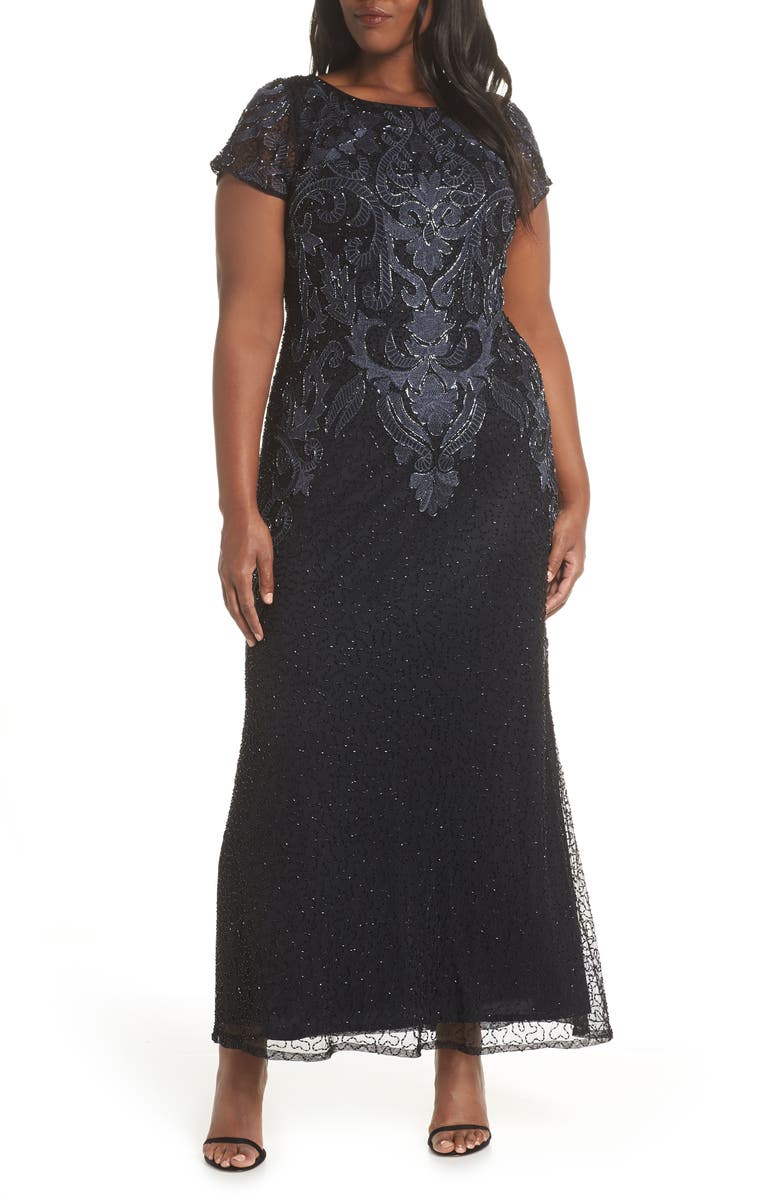 Pisarro Nights Embroidered Mesh Gown, Alternate, color,