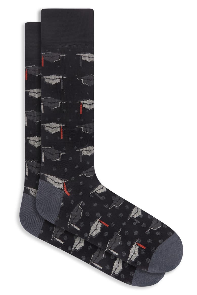 Mortarboard Mercerized Cotton Blend Dress Socks, Main, color, BLACK