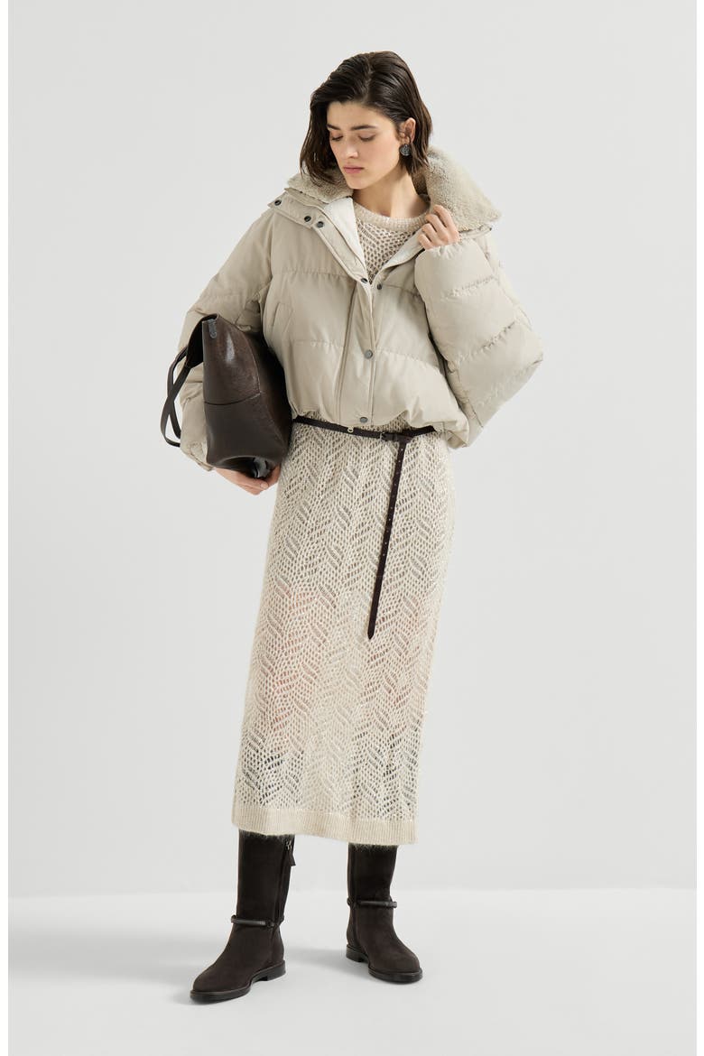 Techno cotton taffeta down jacket with detachable shearling insert and monili, Alternate, color, Sand