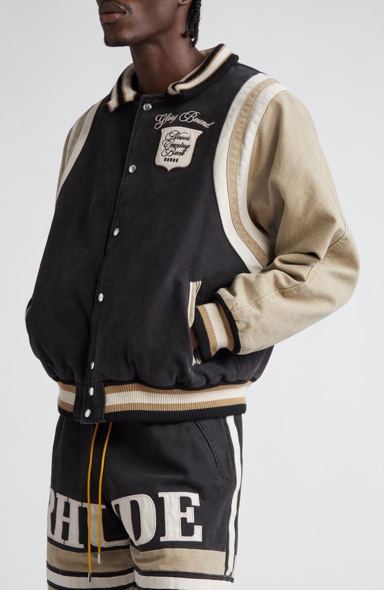 Rhude Washed Cotton Canvas Varsity Jacket, Alternate, color,