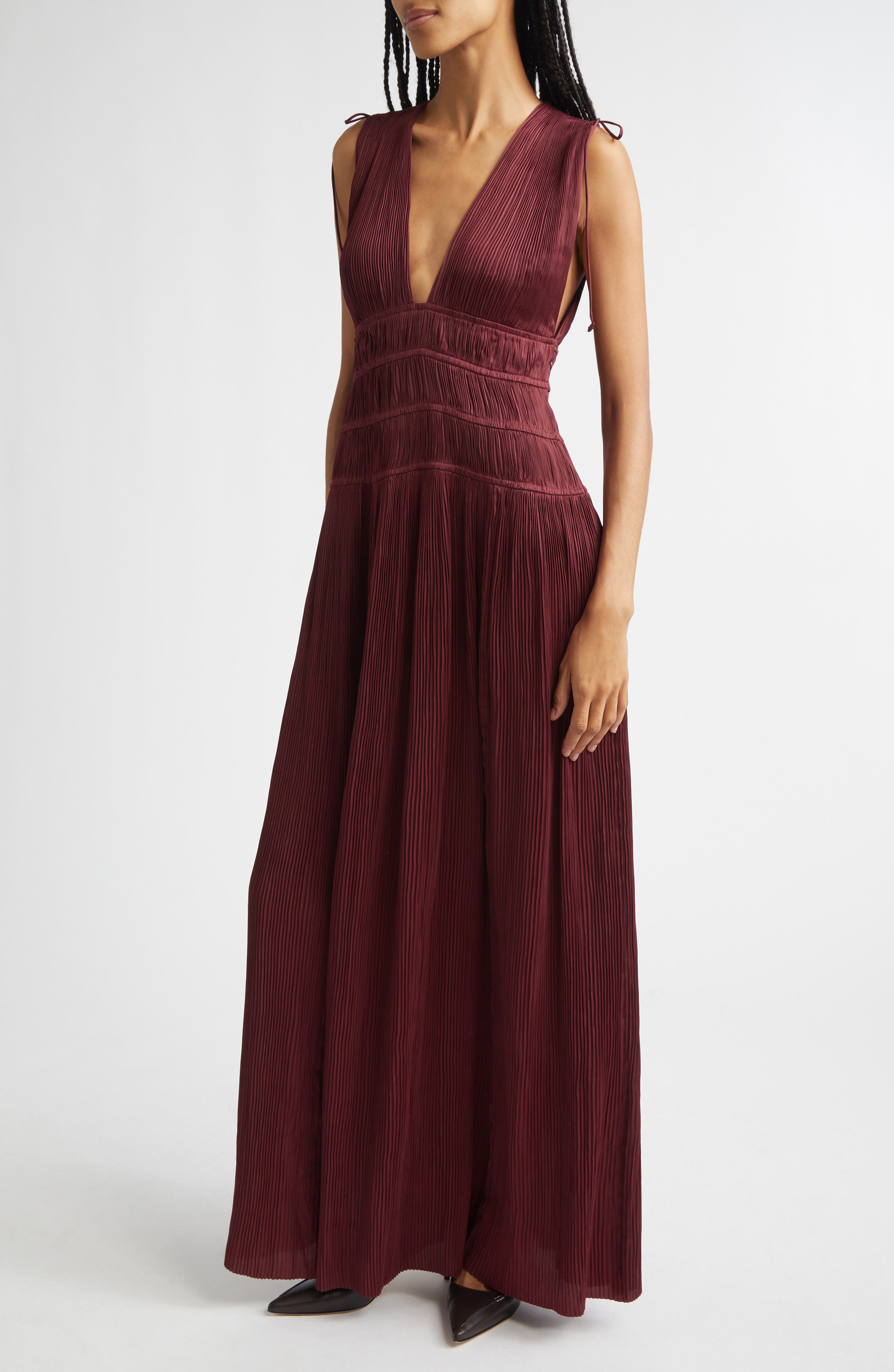 Ulla Johnson Tasneem Plissé Plunge Neck Gown In Burgundy