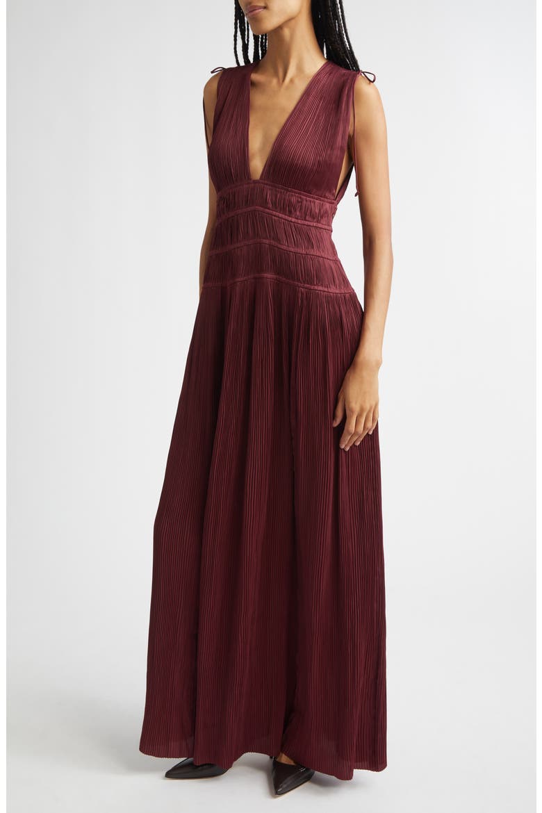 Tasneem Plissé Plunge Neck Gown, Main, color, CLARET