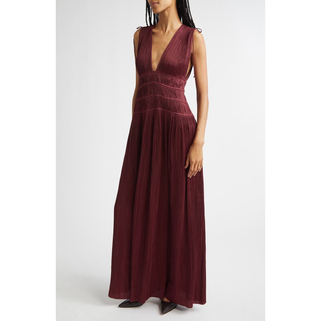 Ulla Johnson Tasneem Plissé Plunge Neck Gown In Burgundy