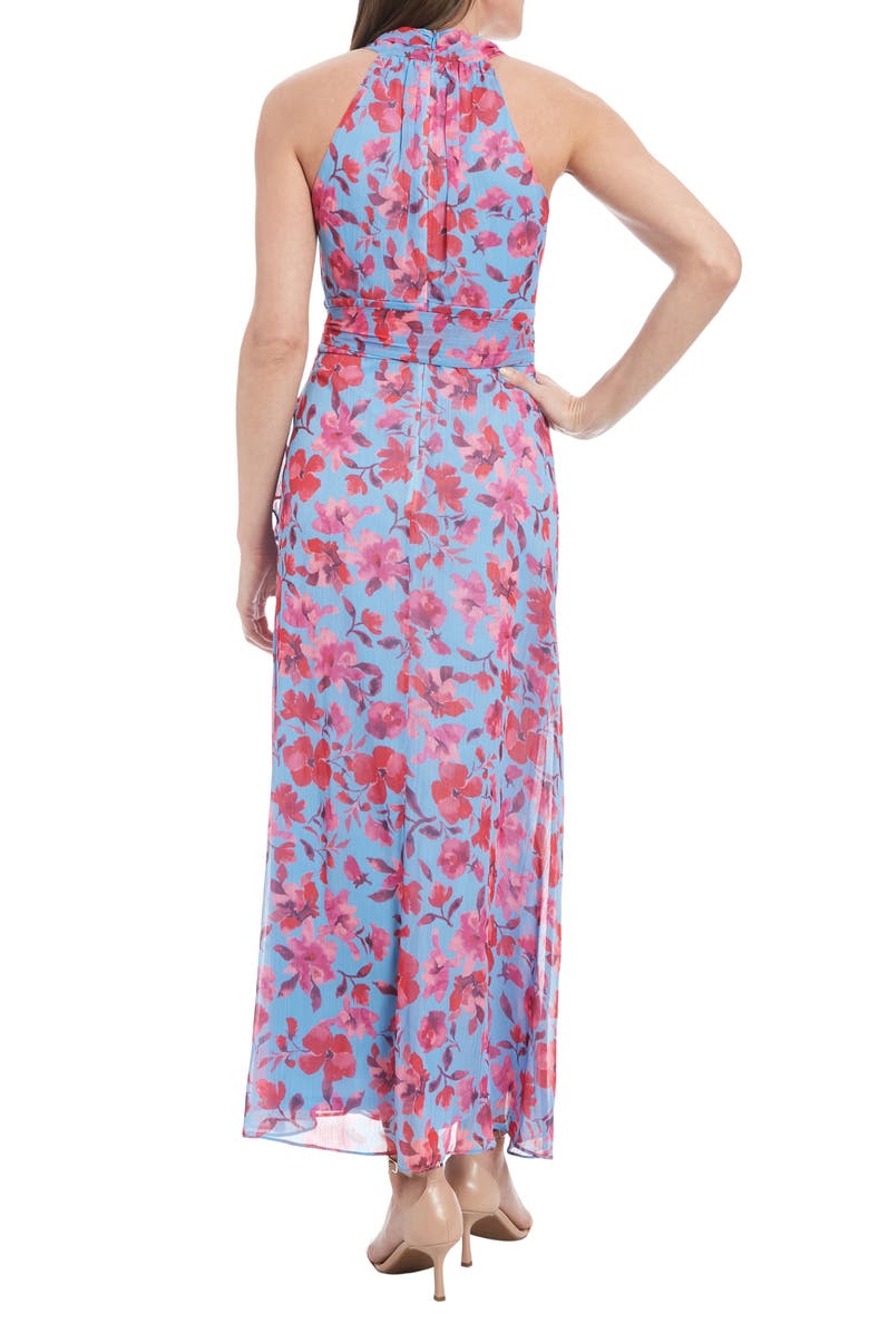 London Times Floral Sleeveless Tie Waist Maxi Dress, Alternate, color, Cornflower/ Bright Pink