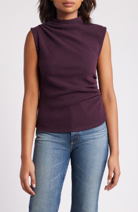 Asymmetric Ruched Sleeveless Mock Neck Knit Top