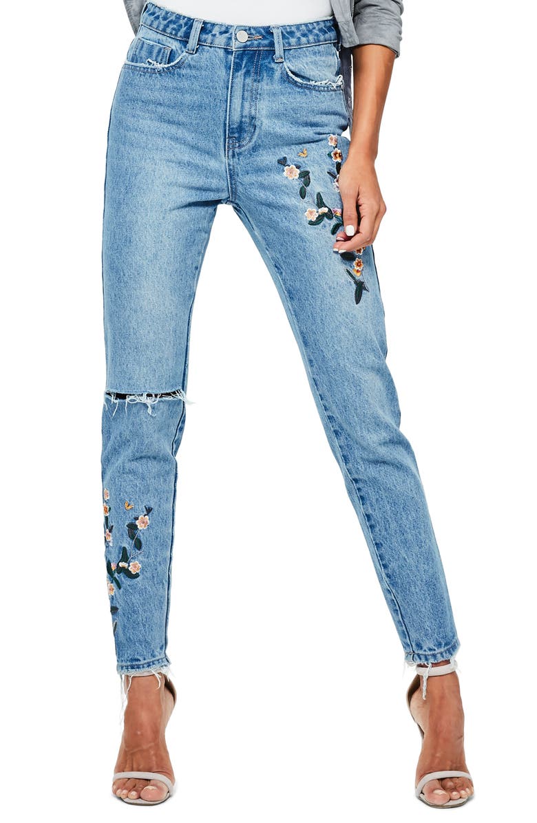 Missguided Riot Ripped High Waist Embroidered Jeans, Main, color,