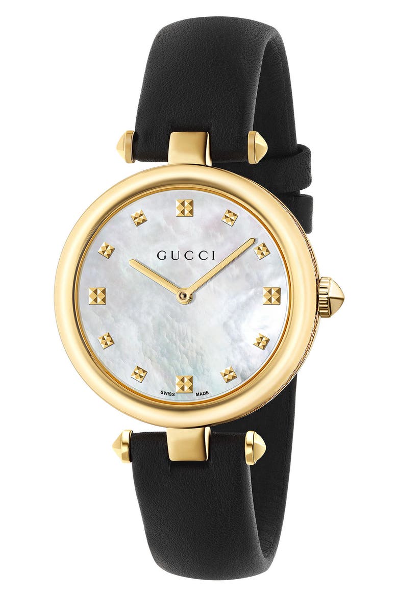 Diamantissima Leather Strap Watch, 32mm, Main, color, BLACK/ MOP/ GOLD