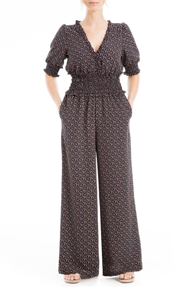 MAX STUDIO Ditsy Short Sleeve Smocked Wide Leg Jumpsuit, Main, color,