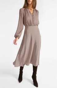 Santorelli Amal Silk Long Sleeve Fit and Flare Midi Dress
